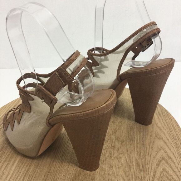 Reed Evins Anthropologie Women Mesh Leather Reptile Open Toe Heels Tan Ivory 7.5 - Picture 5 of 16